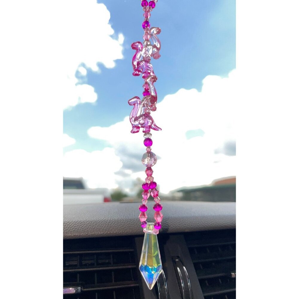 Dinosaur Beaded Suncatcher Rearview Mirror Ornament Pink Crystal Prism Car Charm - Picture 5 of 10